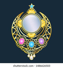 An example of a golden amulet with precious stones.