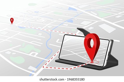 Example of GPS show directions traffic routes travel route from the beginning to the destination and roads, buildings, various places in the 3D picture, the image of perspective view on mobile phone