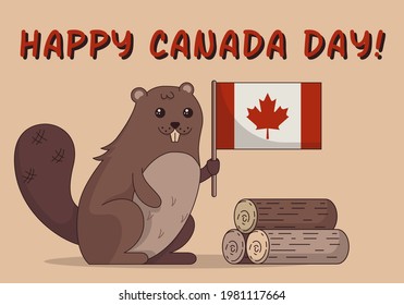 Ejemplo de una tarjeta de vacaciones para el Día de Canadá el 1 de julio con un castor de caricatura con una bandera en su pata y un montón de troncos Ilustración vectorial plana. Ilustración del vector