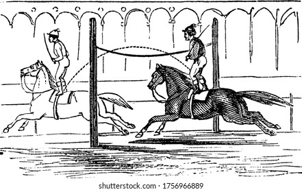 An example of inertia, a man riding on a horse in full speed and jumping over a rope extended across the ringand regains his footing on the saddle without difficultly, vintage line drawing.