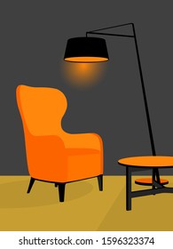 Example of interior design with armchair, lamp and coffee table. Vector illustration.