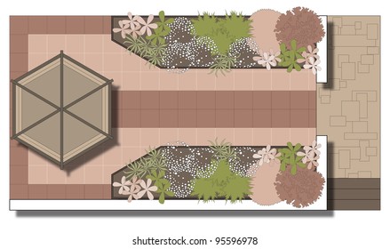 Example of landscaping patio. Area in front of a gazebo. Patio.