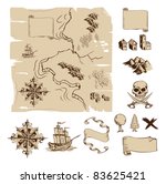 Example map and design elements to make your own fantasy or treasure maps. Includes mountains, buildings, trees, compass etc.