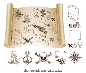 Example map and design elements to make your own fantasy or treasure maps. Includes mountains, buildings, trees, compass, ship skull and crossbones and more.