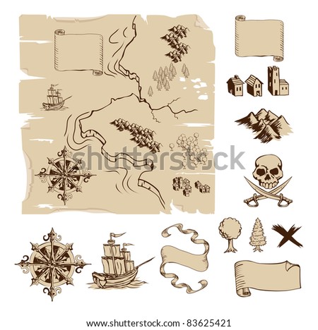 Example map and design elements to make your own fantasy or treasure maps. Includes mountains, buildings, trees, compass etc.