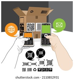 An example Mobile Phone scanning both a QR Code and Barcode label on a Packaging Box. Graphic call out speech balloons indicate 2 connection options - a website (Globe icon) and email (Envelope icon).