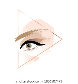 Un ejemplo de maquillaje natural de los ojos en un marco triangular de línea dorada sobre un fondo blanco. Plantilla de diseño de vectores para banner, tarjeta, afiche. Icono. Logotipo. 