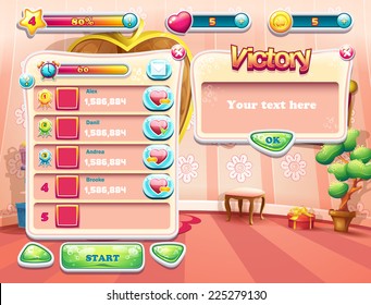 An example of one of the screens of the computer game with a loading background bedroom princess, user interface and various element. Set 3