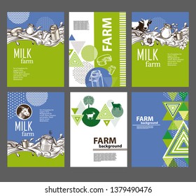 Example Of Page Design Of A Brochure About Dairy Products. An Example Of A Backdrop For Milk Farm. Vector Image Of Cow, Milk Wave, Jug, Cup.