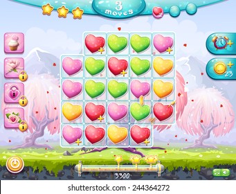 Example of the playing field and gather three in a row and the interface for a computer game on the theme of Valentine's Day