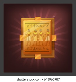 Example of receiving the cartoon golden achievement Egyptian plate with mural for game screen. Vector illustration.