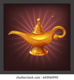 Example of receiving the cartoon golden achievement magic lamp with genie for game screen. Vector illustration.