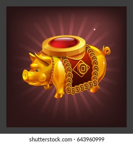 Example of receiving the cartoon golden achievement pig figurine for game screen. Vector illustration.