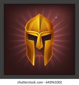 Example of receiving the cartoon golden achievement ancient greek helm for game screen. Vector illustration.