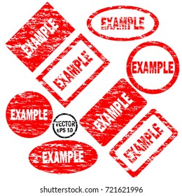 Example set of red round and square rubber stamps with carved inscription and grunge texture isolated on white background
