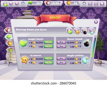 Example of shop window for a computer game. Selling items, boosters