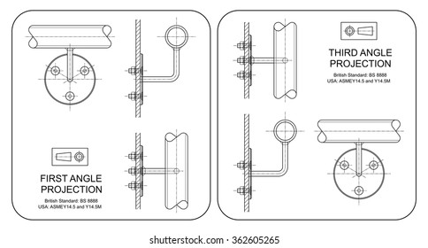 Example of third angle orthographic projection drawing using handrail wall fixing assembly 