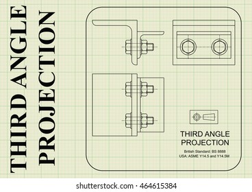 Example of third angle orthographic projection drawing on graph paper background