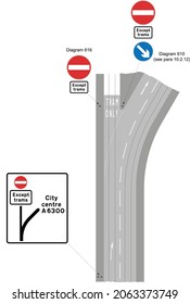 Example of a tramway leading from a public highway to an off‑street route showing appropriate upright signs, road signs in the United Kingdom