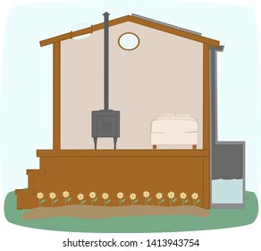 Example of a typical eco-friendly off-grid / homesteading tiny house, including common  amenities - a wood stove, solar panel, skylight, acompost garden, and a rain barrel.  Vector art.