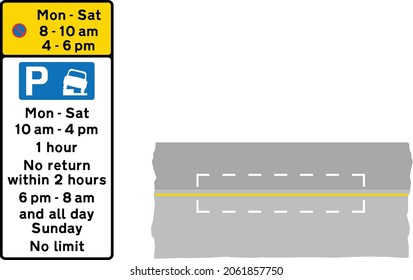 Example of an upright sign and road marking indicating footway parking controls, road signs in the United Kingdom