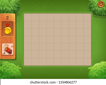 Example of user interface and background with green grass and bush for cute match 3 game. Vector illustration.
