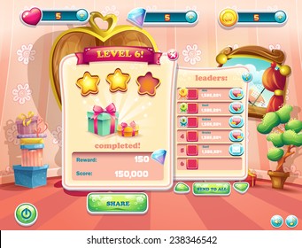 Example of the user interface of a computer game. Window complete a level.