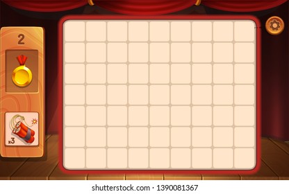 Example of user interface and cute cartoon background - scene with red curtains for match 3 game. Vector illustration.