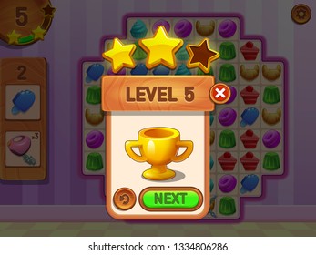 Example of user interface for cute match 3 game in theme of sweets. Window victory with cup. Vector illustration.