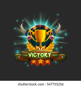 Example user interface of game receiving the achievement. Window victory with golden cup. Vector illustration.