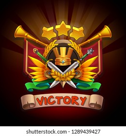 Example user interface of game. Window victory with coat of arms. Vector illustration.