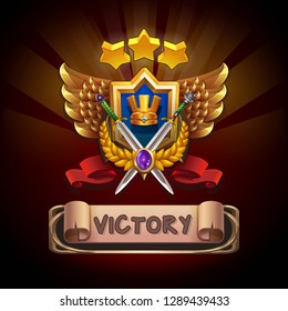 Example user interface of game. Window victory with coat of arms. Vector illustration.