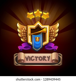 Example user interface of game. Window victory with coat of arms. Vector illustration.