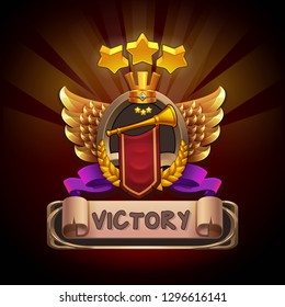 Example user interface of game. Window victory with coat of arms. Vector illustration.