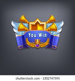 Example user interface of game. Window victory with coat of arms. Vector illustration.