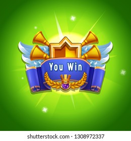 Example user interface of game. Window victory with coat of arms. Vector illustration.