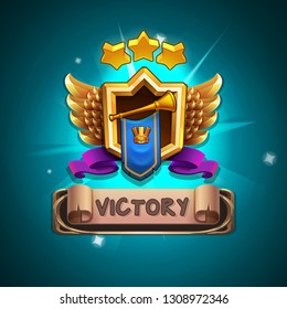 Example user interface of game. Window victory with coat of arms. Vector illustration.