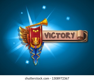 Example user interface of game. Window victory with coat of arms. Vector illustration.