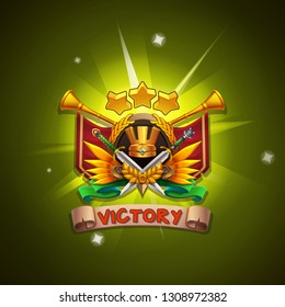 Example user interface of game. Window victory with coat of arms. Vector illustration.