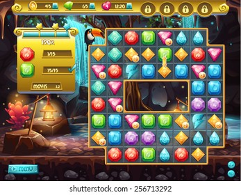 Example of the user interface and the playing field for a computer game three in a row. treasure hunt