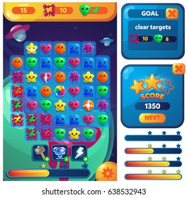 Example of the user interface and the playing field for a mobile game three in a row.
