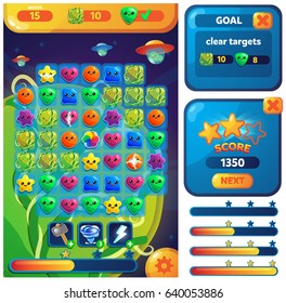 Example of the user interface and the playing field for a mobile game three in a row.
