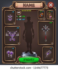 Example of user interface for rpg game with full armor set and weapon. Vector illustration of character window.