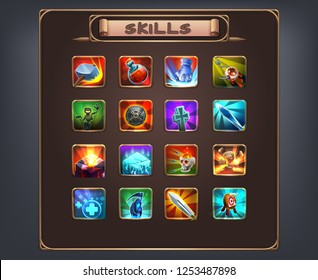 Example Of User Interface For Rpg Game. Window Skill And Ability Icons. Vector Illustration.