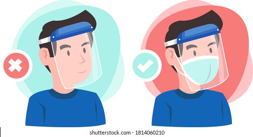 An example of using a face shield. Illustration of young boy using face shield