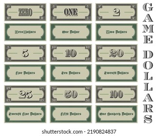 An example of a vector set of gaming banknotes in denominations from 0 to 100 dollars. Cash paper money