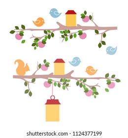 Example of wall stencil drawings for kindergarten isolated on white background. Bird and squirrel sitting on a tree branch. Vector cartoon close-up illustration.