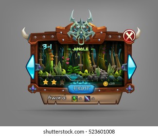 Example of wooden board user interface of a computer game. Window level choice. Vector illustration.