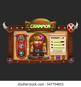 Example of wooden board user interface of game. Window Champions for choice character. Vector illustration.