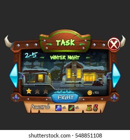 Example of wooden board user interface of game. Window level choice. Vector illustration.